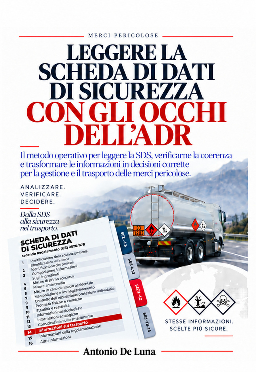 Copertina del libro Leggere la scheda di dati di sicurezza con gli occhi dell’ADR, di Antonio De Luna